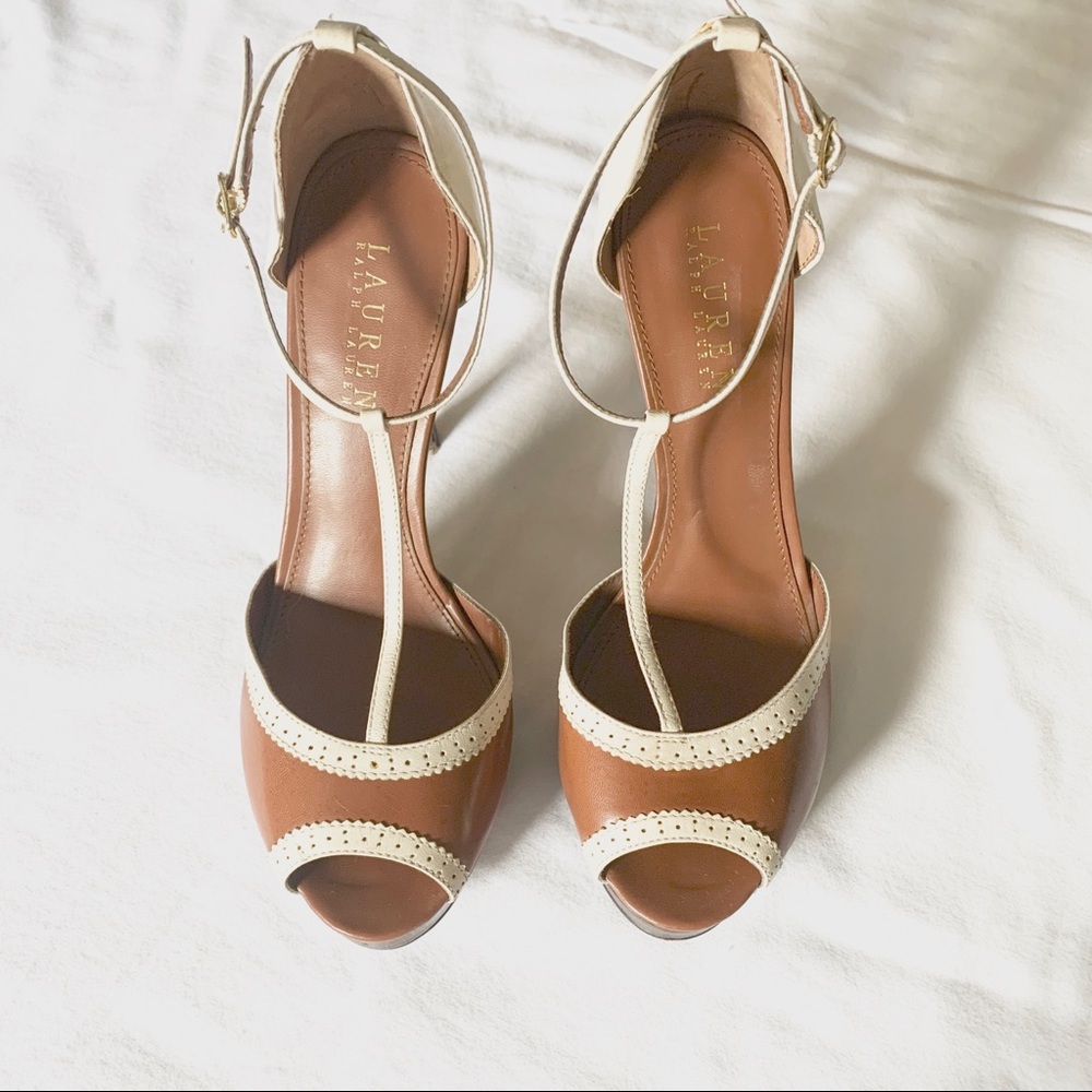 Ralph Lauren light brown peep toe heels
